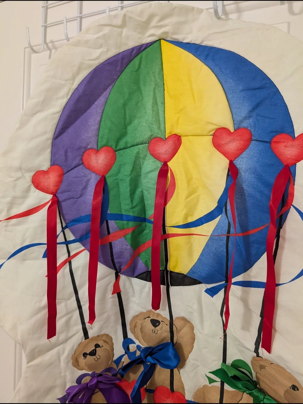 Vintage White Hot Air Balloon Teddy Tapestry with Multicolor Accents